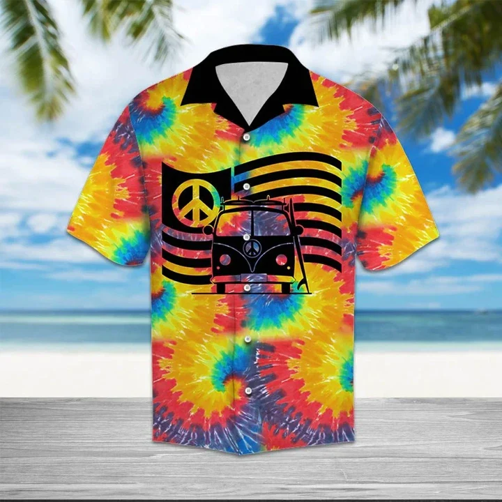 Hippie Car Humankind Be Both Peace Sign Flag On Swirl Tie Dye Trendy Hawaiian Shirt