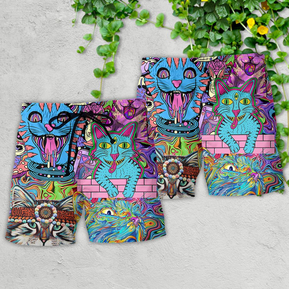 Hippie Cat Wonderful World Trendy Aloha Hawaiian Beach Shorts