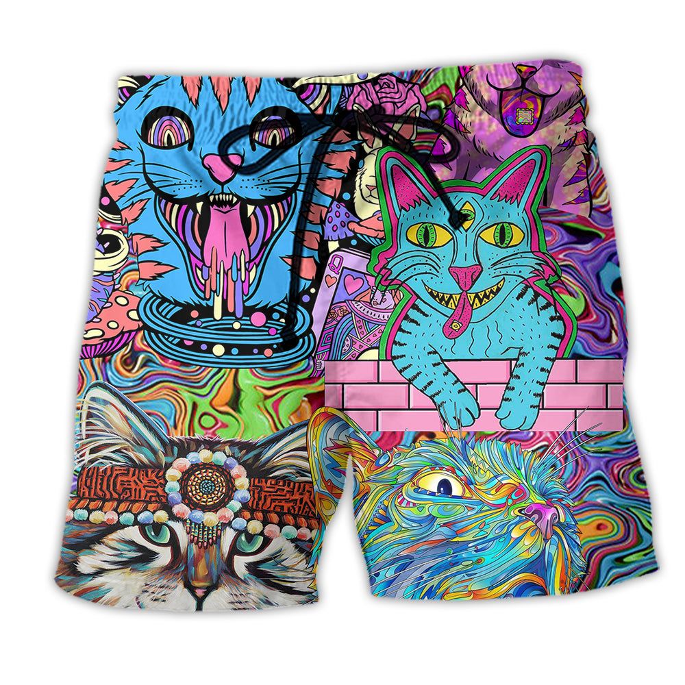 Hippie Cat Wonderful World Trendy Aloha Hawaiian Beach Shorts