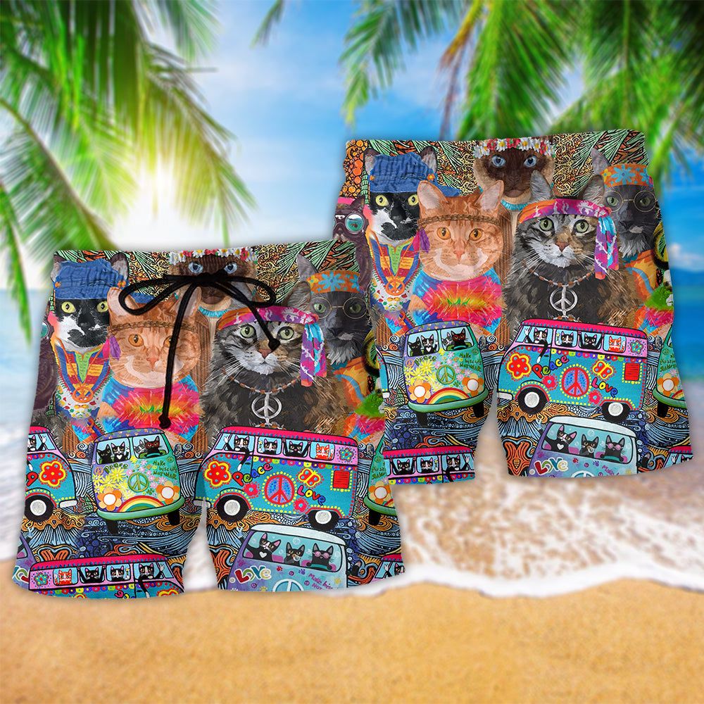 Hippie Cats Peace Life Color Fun And Cute Trendy Aloha Hawaiian Beach Shorts
