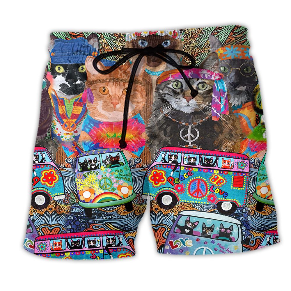 Hippie Cats Peace Life Color Fun And Cute Trendy Aloha Hawaiian Beach Shorts