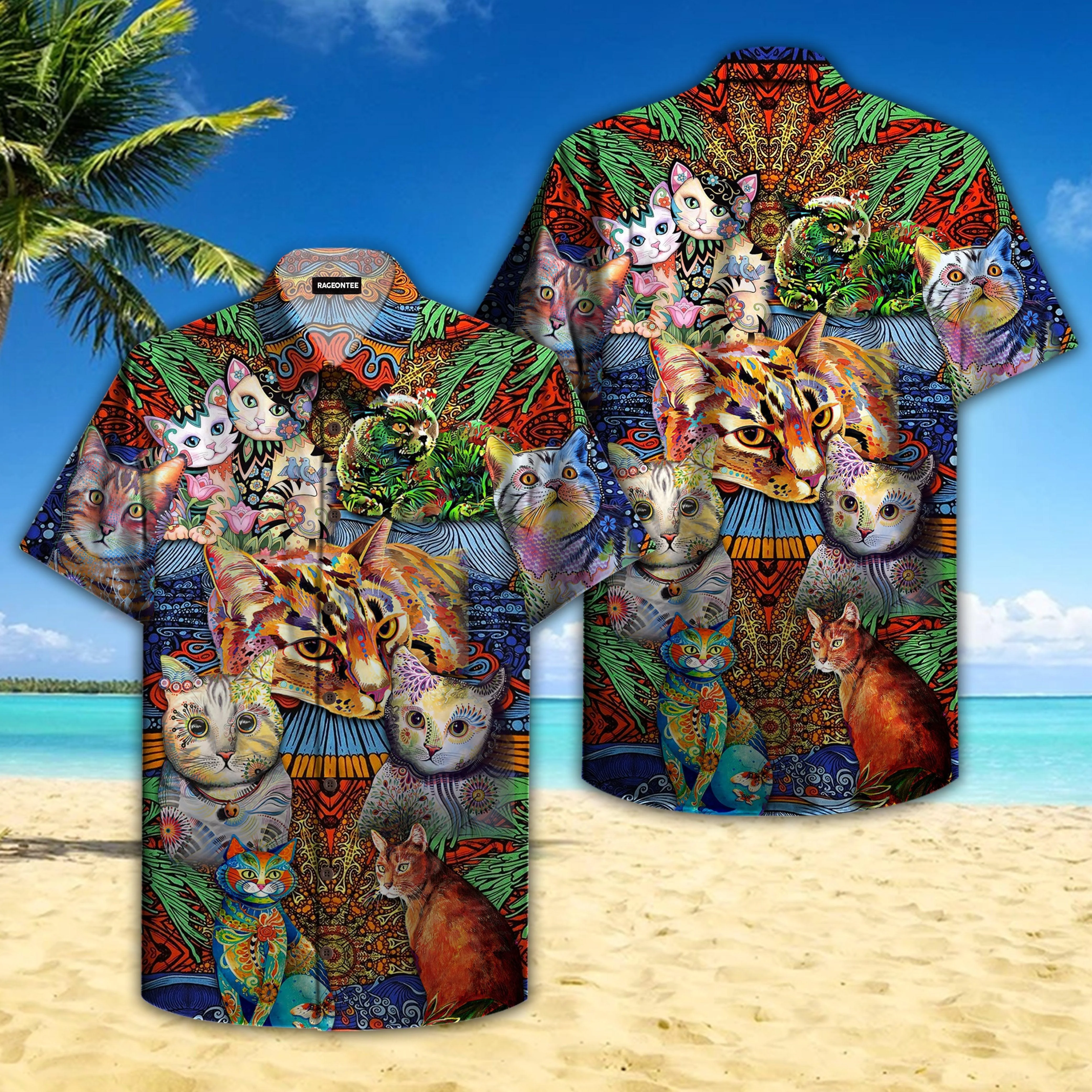 Hippie Cats Peace Life Colorful Trendy Hawaiian Shirt