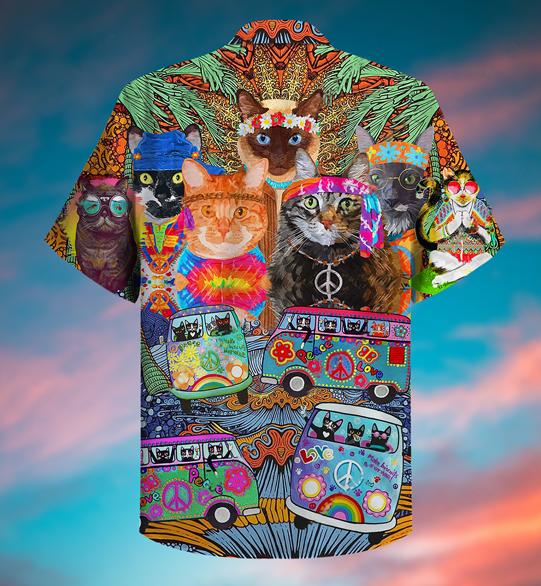 Hippie Cats Peace Love Life Color Hawaiian Shirt