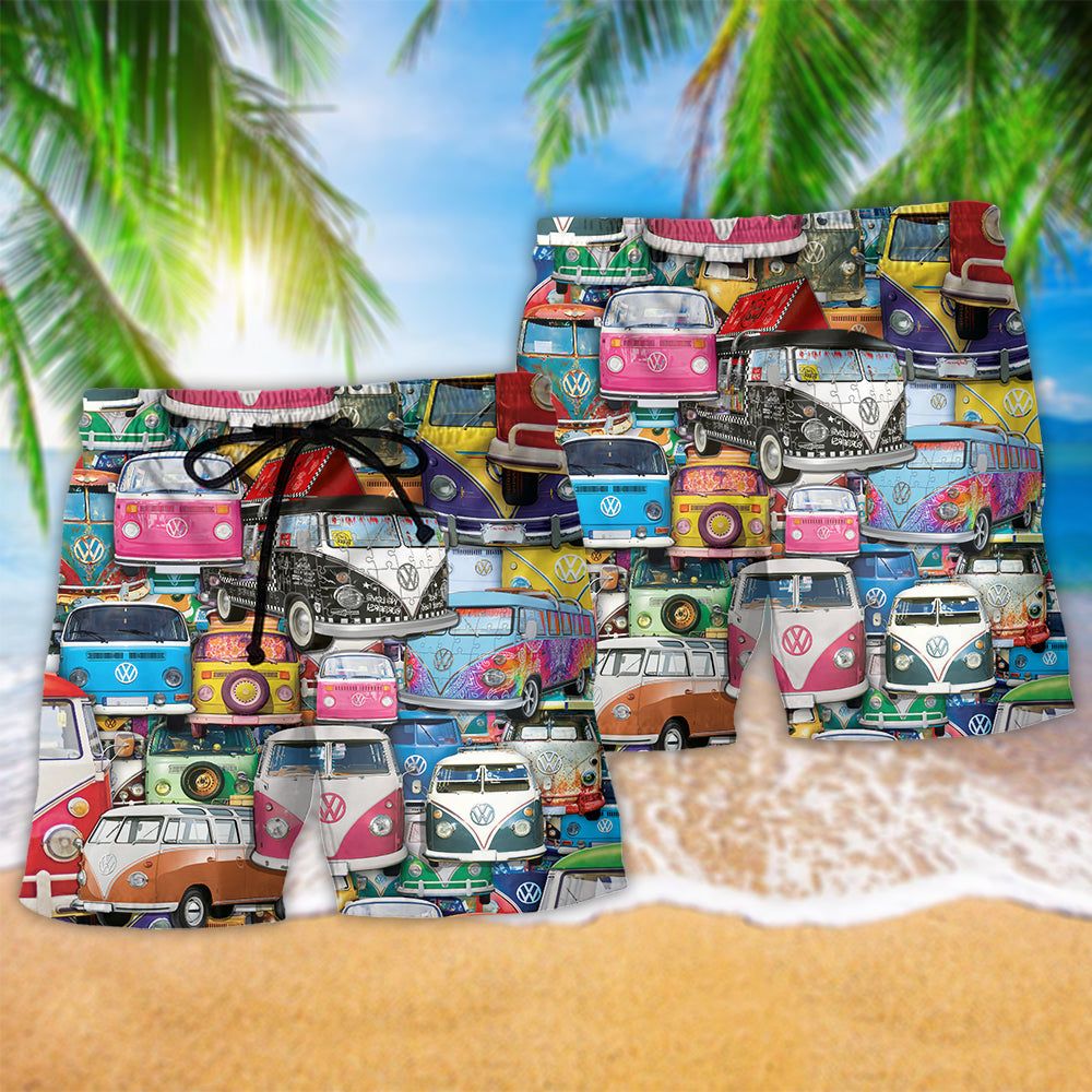 Hippie Colorful Car Peace Life Trendy Aloha Hawaiian Beach Shorts