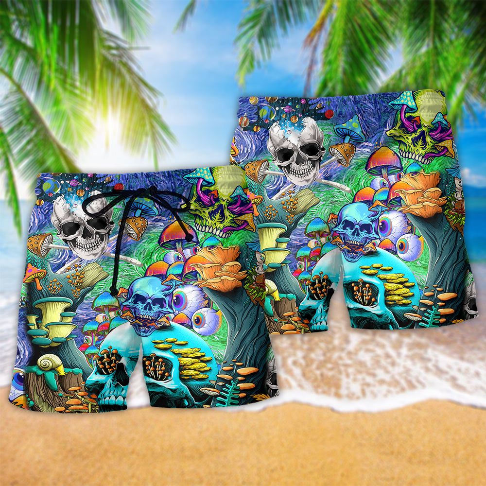 Hippie Die Once Live Forever Skull Mushroom Color Trendy Aloha Hawaiian Beach Shorts