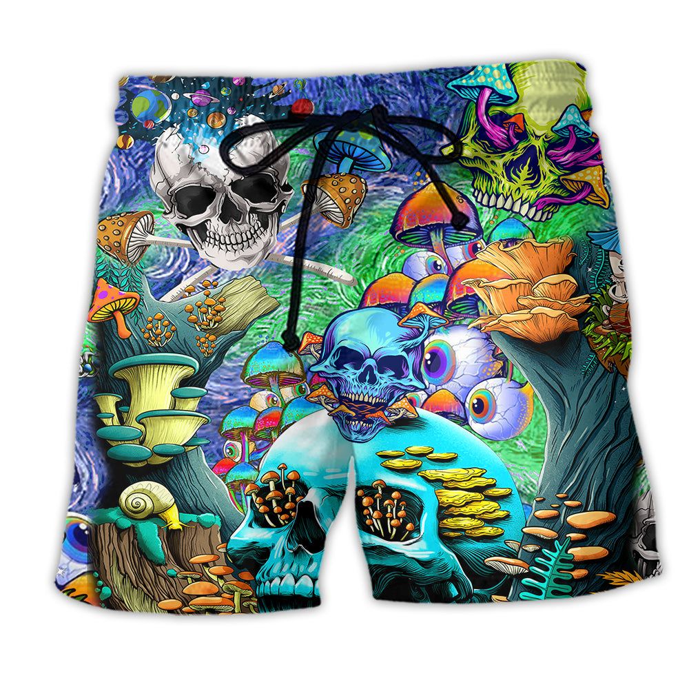 Hippie Die Once Live Forever Skull Mushroom Color Trendy Aloha Hawaiian Beach Shorts Hippie Die Once Live Forever Skull Mushroom Color Trendy Aloha Hawaiian Beach Shorts