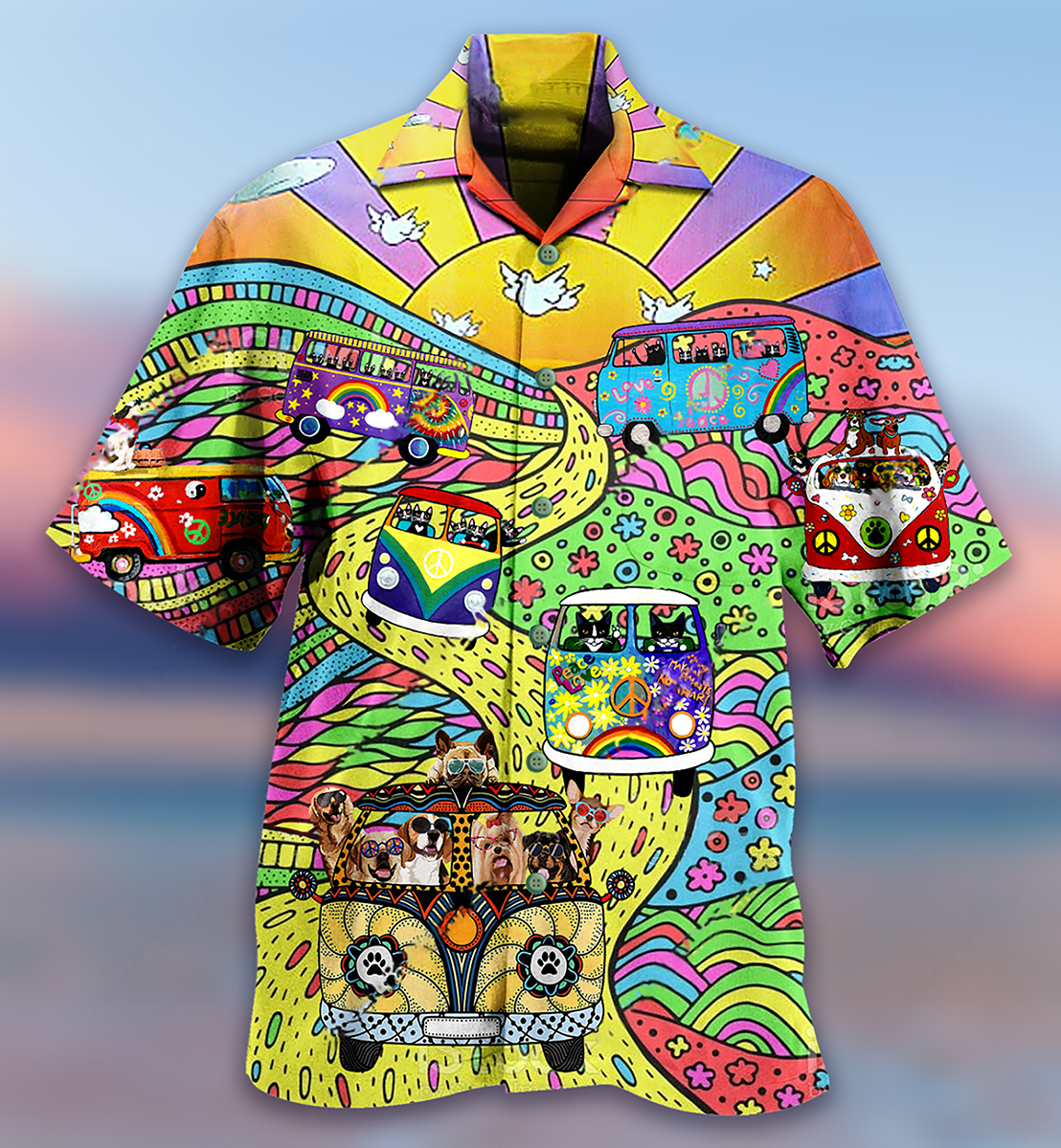 Hippie Dogs And Cats Bus Hawaiian Shirt Hippie Dogs And Cats Bus Hawaiian Shirt
