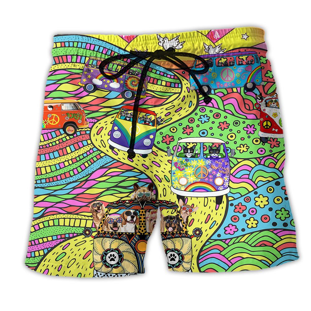 Hippie Dogs And Cats Peace Life Trendy Aloha Hawaiian Beach Shorts