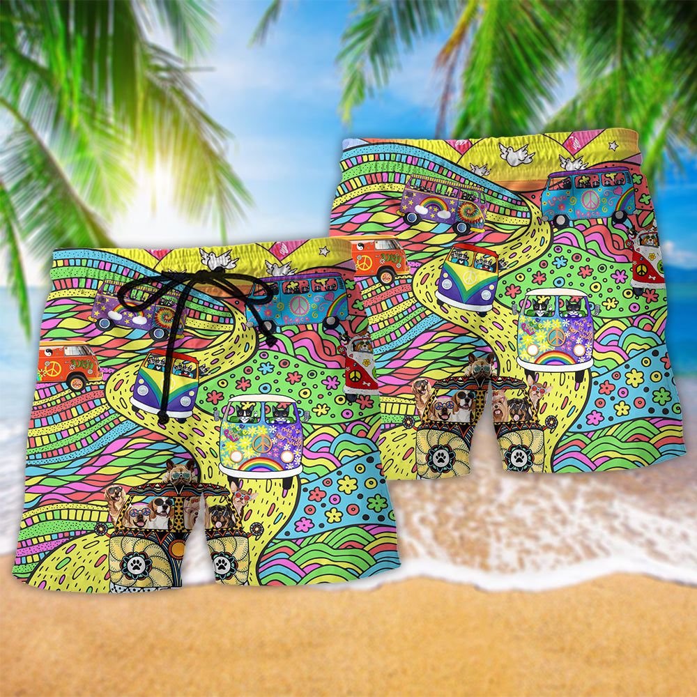Hippie Dogs And Cats Peace Life Trendy Aloha Hawaiian Beach Shorts