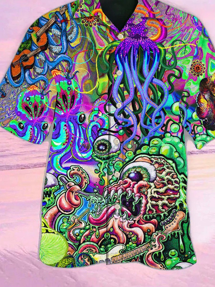 Hippie Funny Octopus Love Music Colorful Ocean Hawaiian Shirts