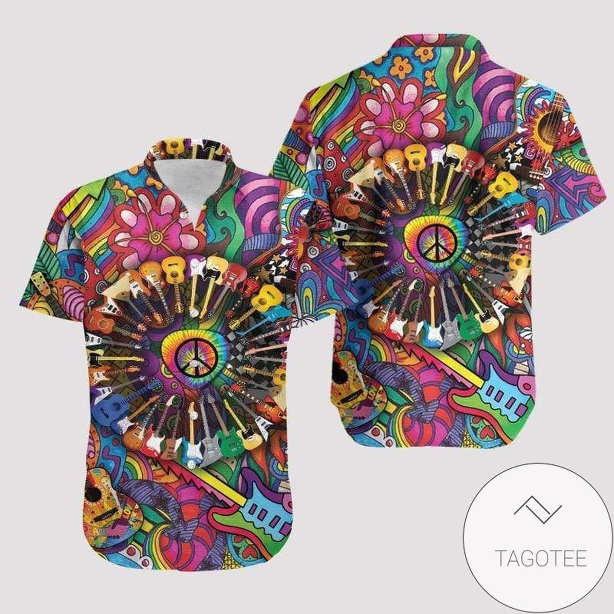 Hippie Guitar Strums A Psychedelic Tune on Hawaiian Shirt