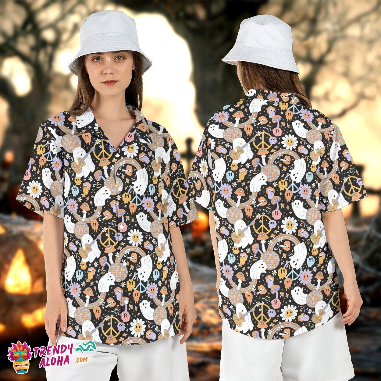 Hippie Halloween Floral Ghosts Disco Ball Spooky Aloha Shirt