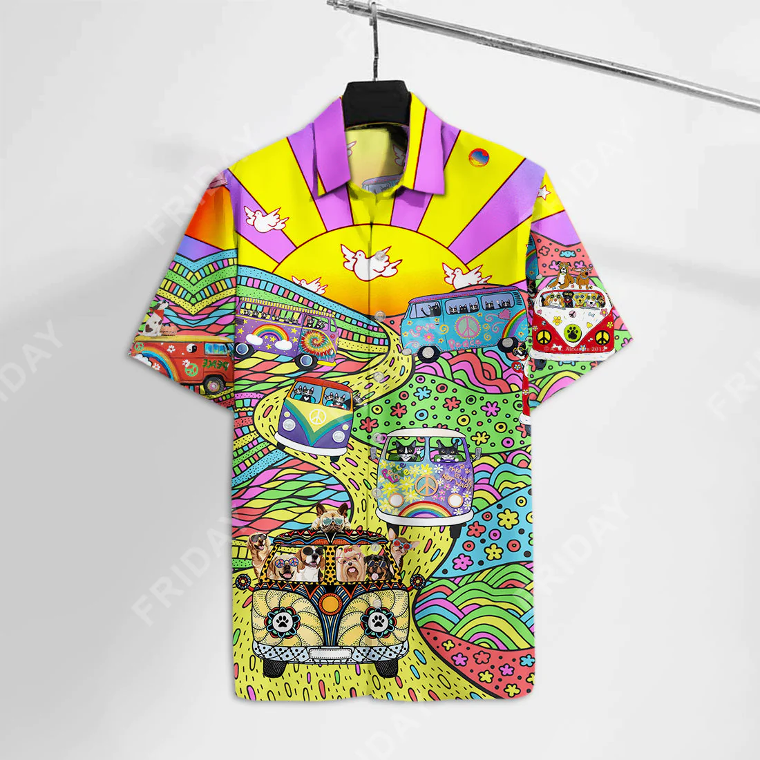 Hippie Hawaii Shirt Hippie Van With Dogs Colorful Hippie Style Hawaiian Shirt