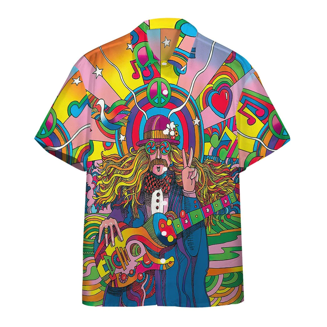 Hippie Hawaiian Shirt Hippie Guitar Man Illusion Multicolor Hawaii Shirt Aloha Shirt For Hippie