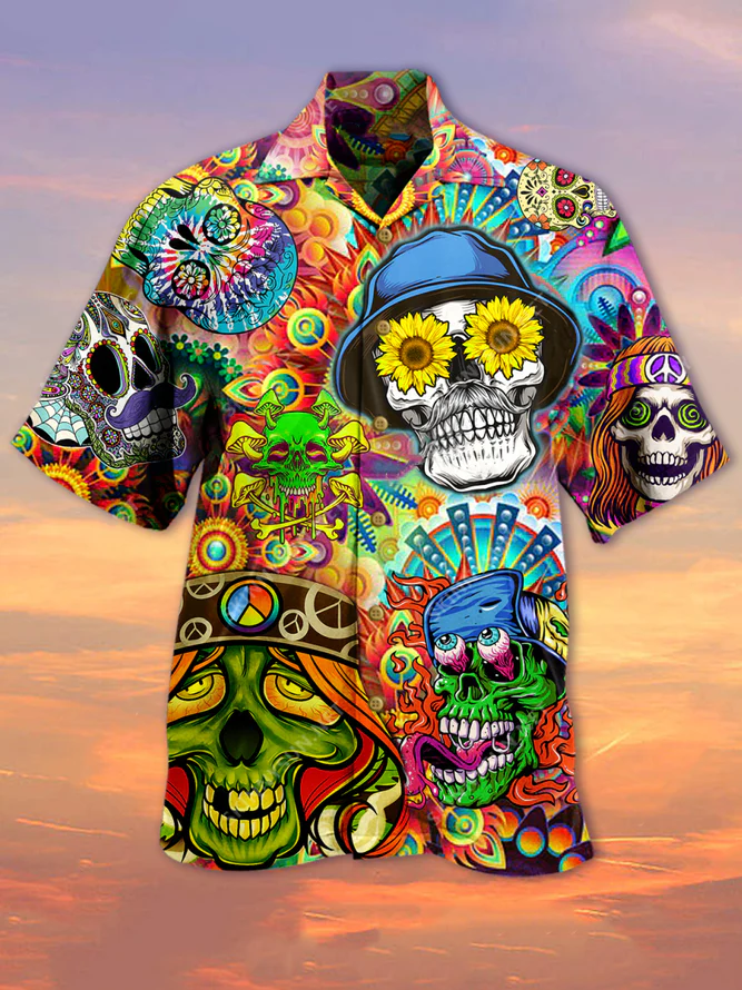 Hippie Hawaiian Shirt Hippie Skull High Hippie Style Hawaii Aloha Shirt