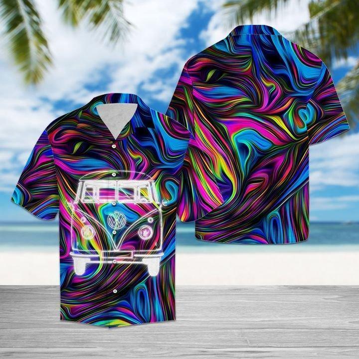 Hippie Hawaiian Shirt Hippie Van Watercolor Blue Purple Hawaii Aloha Shirt