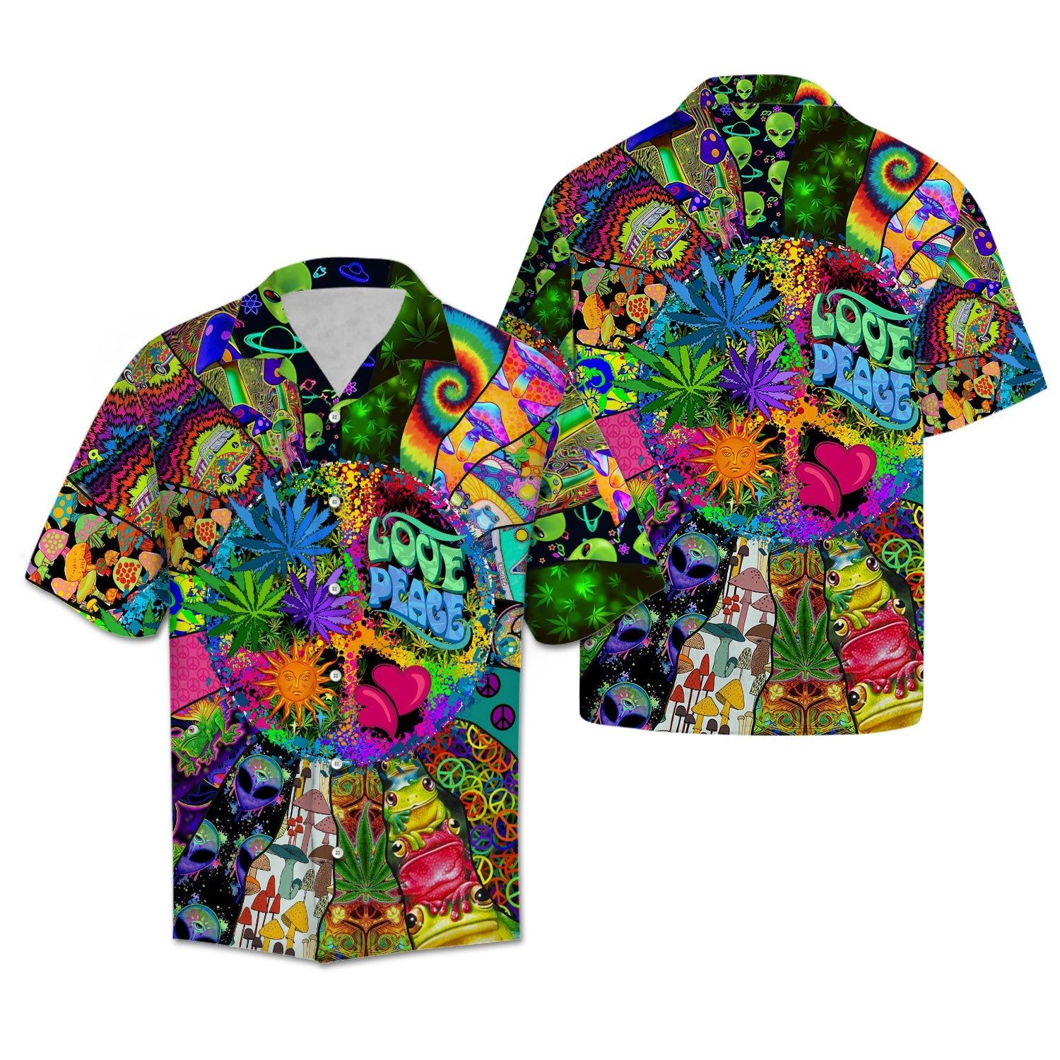 Hippie Hawaiian Shirt Love Peace Hippie Mushroom Alien Symbols Hawaii Aloha Shirt