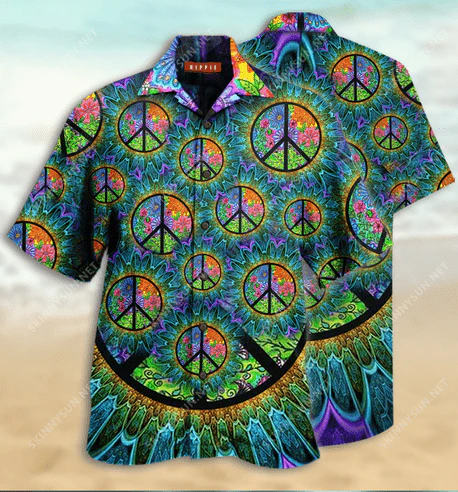 Hippie Hawaiian Shirt Peace Symbols Pattern Flower Green Hawaii Aloha Shirt