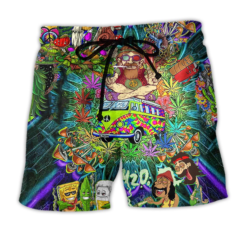 Hippie Mushroom Alien Bus Everything Colorful Trendy Aloha Hawaiian Beach Shorts