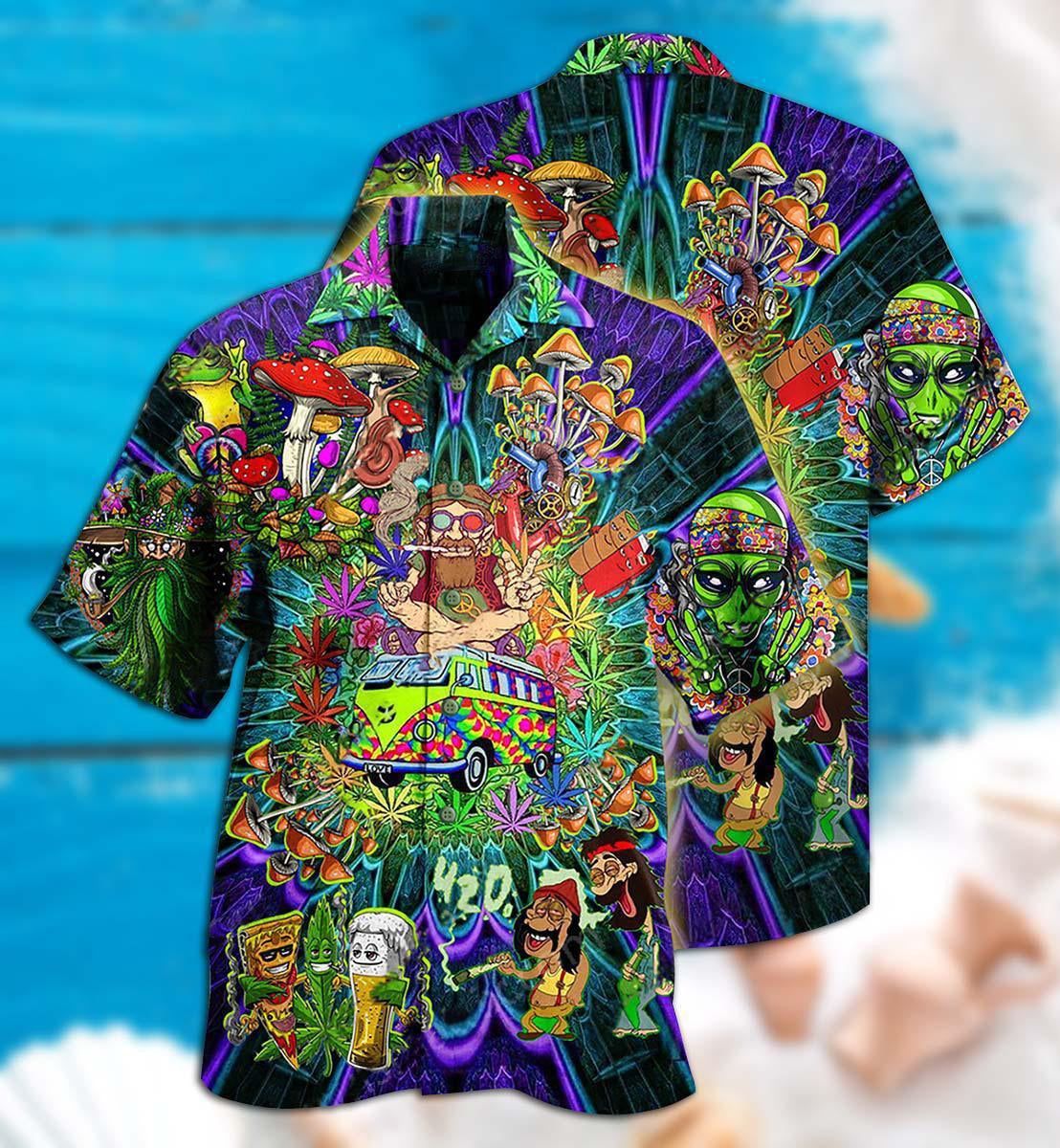 Hippie Mushroom Alien Bus Everything Funny Style Hawaiian Shirt