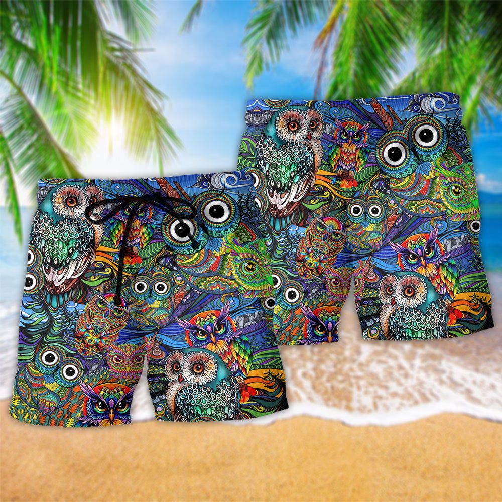 Hippie Owls Peace Life Mix Color Trendy Aloha Hawaiian Beach Shorts