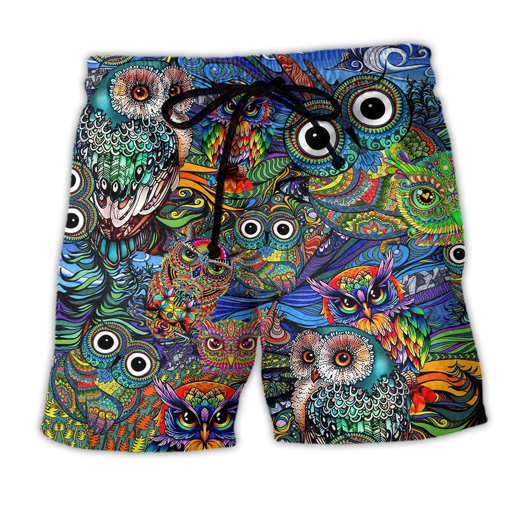 Hippie Owls Peace Life Mix Color Trendy Aloha Hawaiian Beach Shorts Hippie Owls Peace Life Mix Color Trendy Aloha Hawaiian Beach Shorts