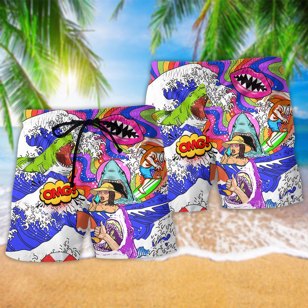 Hippie Shark And Girl Color Trendy Aloha Hawaiian Beach Shorts