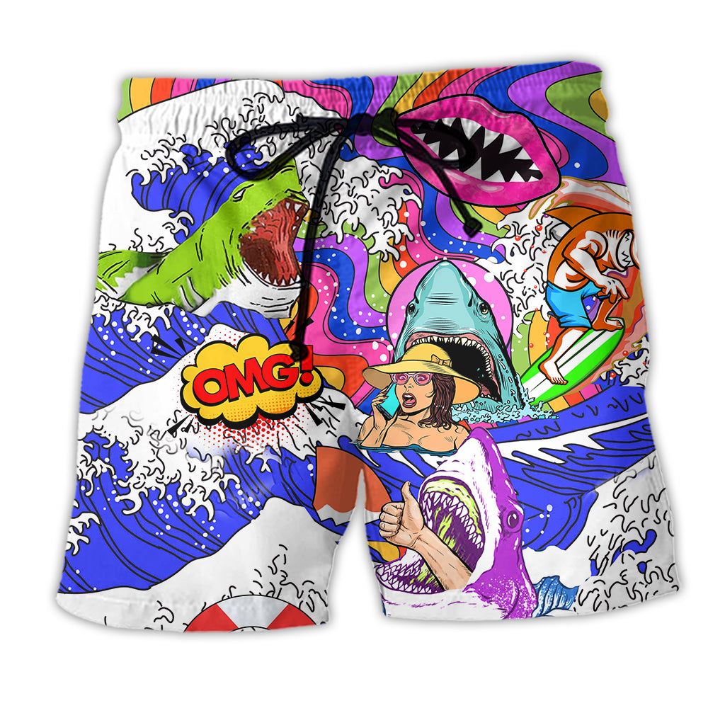 Hippie Shark And Girl Color Trendy Aloha Hawaiian Beach Shorts