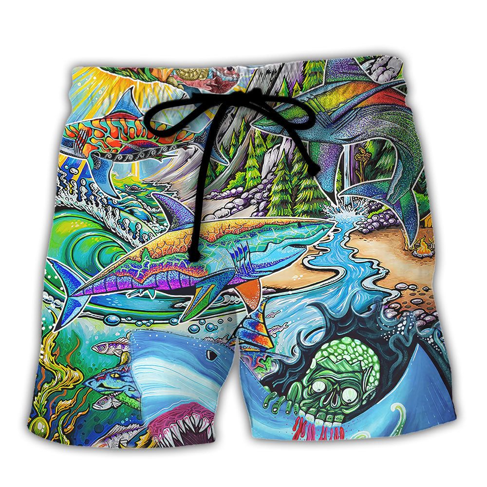 Hippie Shark Colorful Art Peace Trendy Aloha Hawaiian Beach Shorts