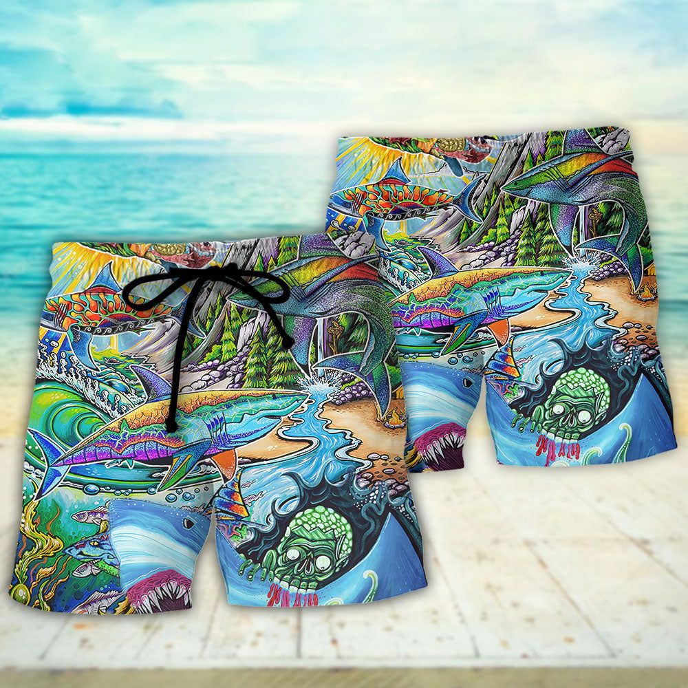 Hippie Shark Colorful Art Peace Trendy Aloha Hawaiian Beach Shorts