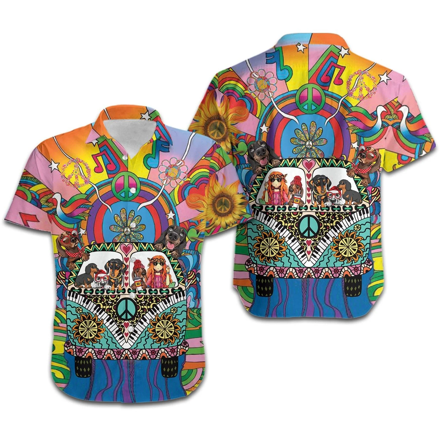 Hippie Shirt Dachshund Hippie Van Sunflower Colorful Trendy Hawaiian Shirt