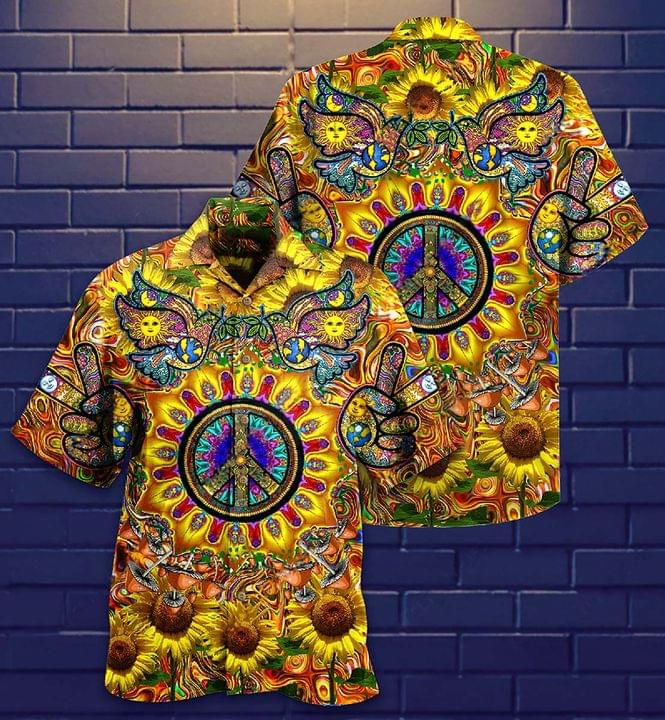 Hippie Shirt Hippie Peace Sign Sunflower Pigeon Yellow Hawaii Aloha Shirt