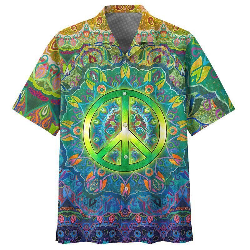 Hippie Shirt Hippie Peace Symbol Leaves Green Blue Hawaiian Aloha Shirt