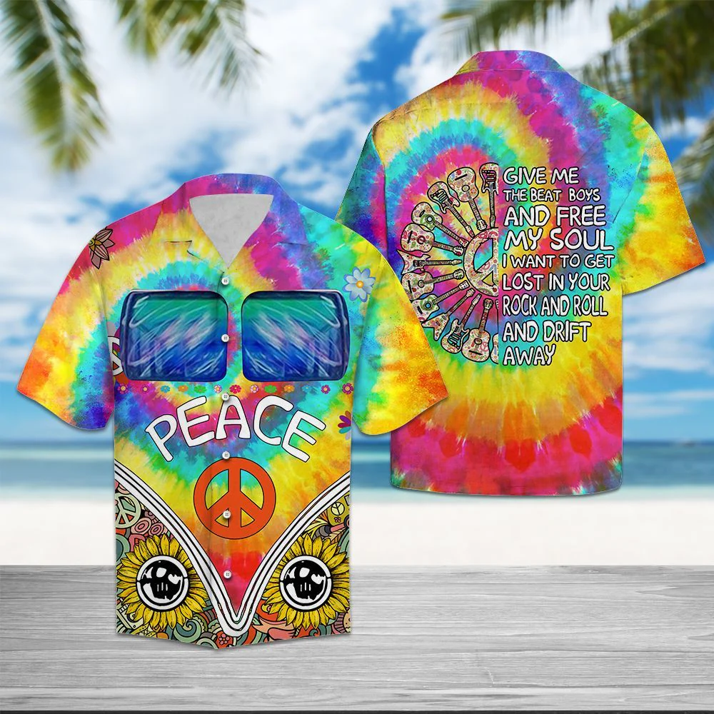 Hippie Shirt Peace Give Me The Beat Boys And Free My Soul Guitar Tie Dye Hawaiian Shirt