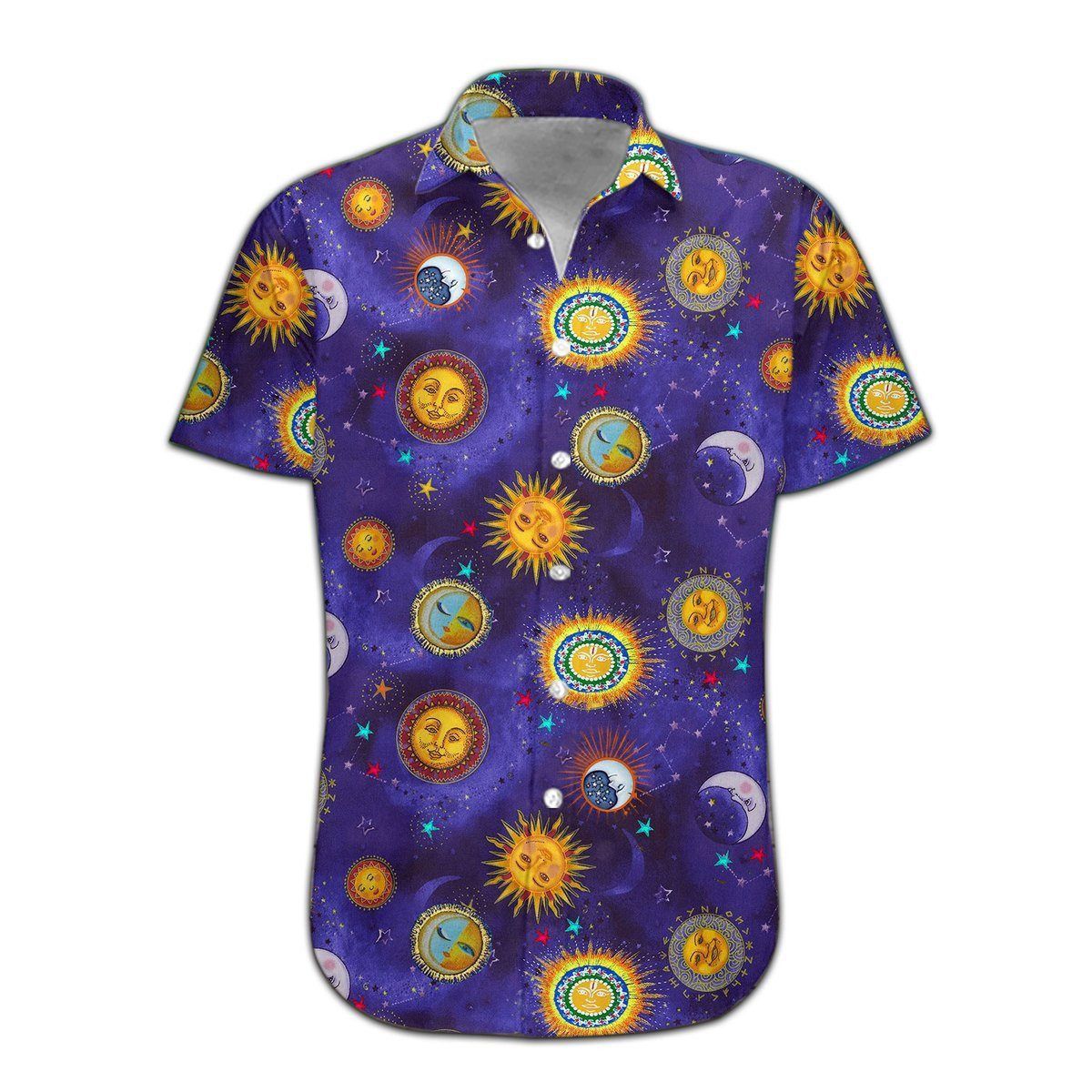 Hippie Shirt The Sun And The Moon Pattern Galaxy Blue Hawaiian Aloha Shirt