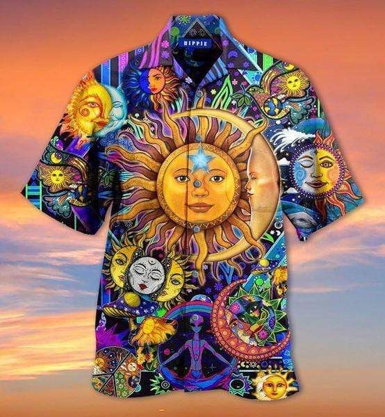 Hippie Shirt The Sun The Moon Alien Blue Hawaiian Aloha Shirt