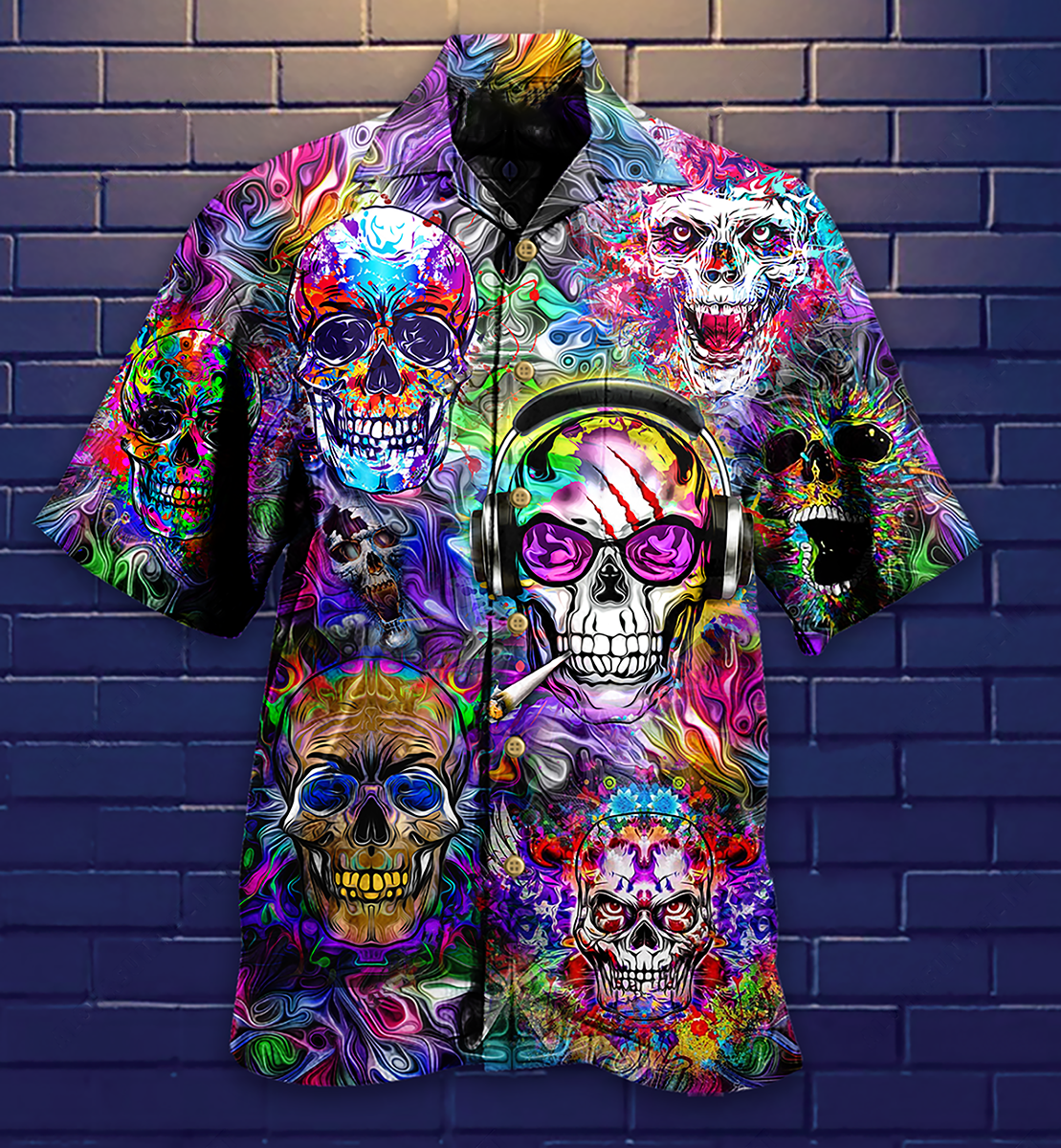 Hippie Skull Color Flowers Hawaiian Shirt