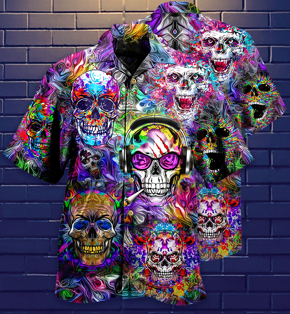 Hippie Skull Color Flowers Hawaiian Shirt