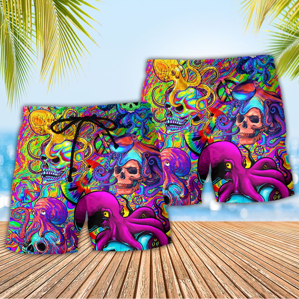 Hippie Skull Octopus Colorful Tie Dye Trendy Aloha Hawaiian Beach Shorts