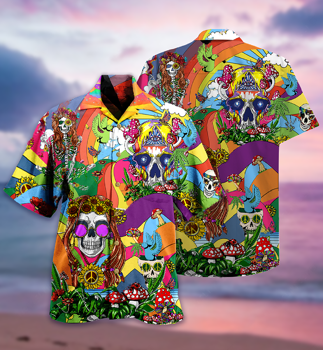 Hippie Skull Peace Life Color So Funny Hawaiian Shirt