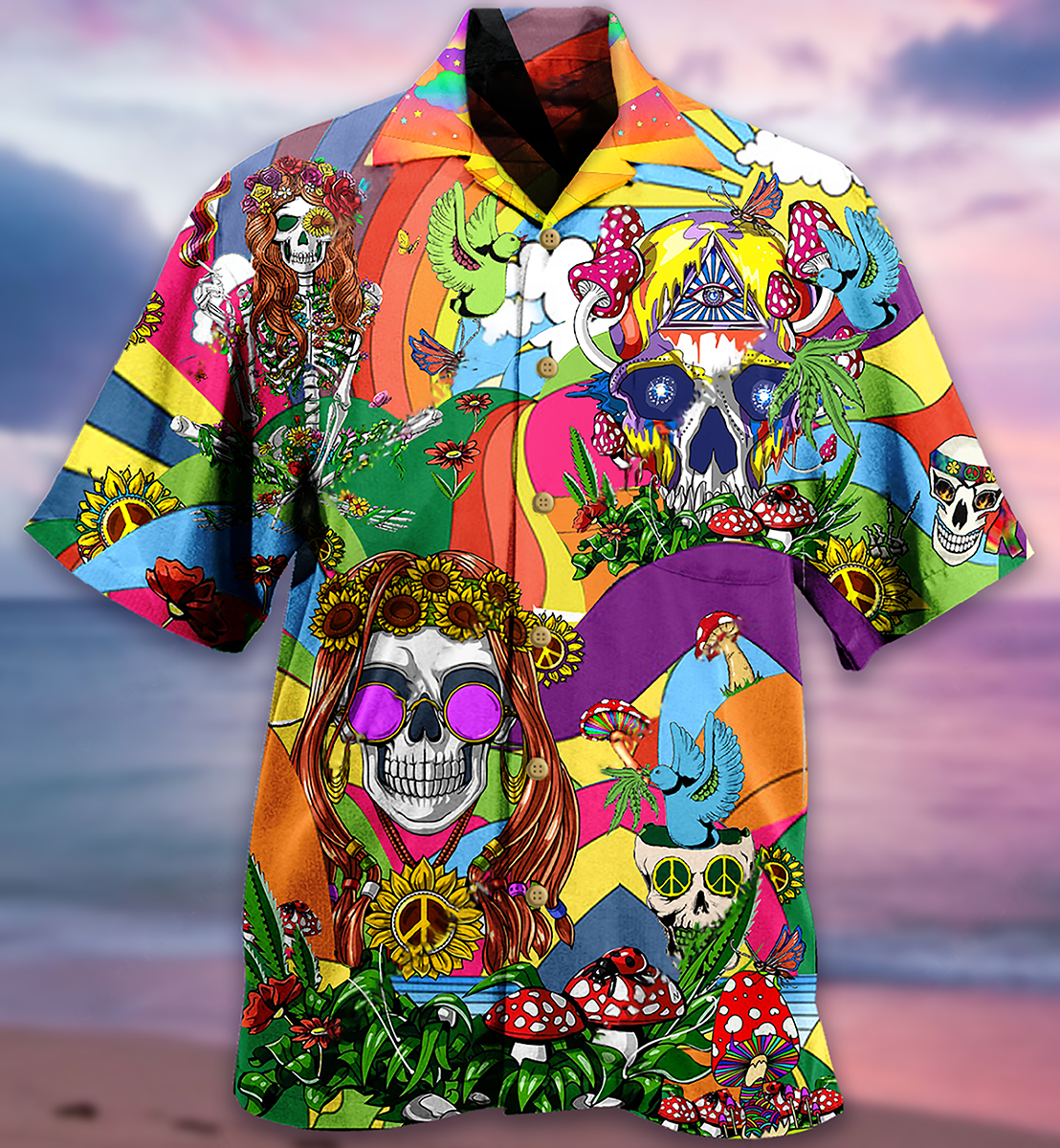 Hippie Skull Peace Life Color So Funny Hawaiian Shirt