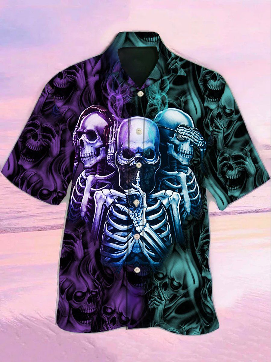 Hippie Skulls: Hawaiian Shirt with Skull Color Flowers Design Hippie Skulls: Hawaiian Shirt with Skull Color Flowers Design