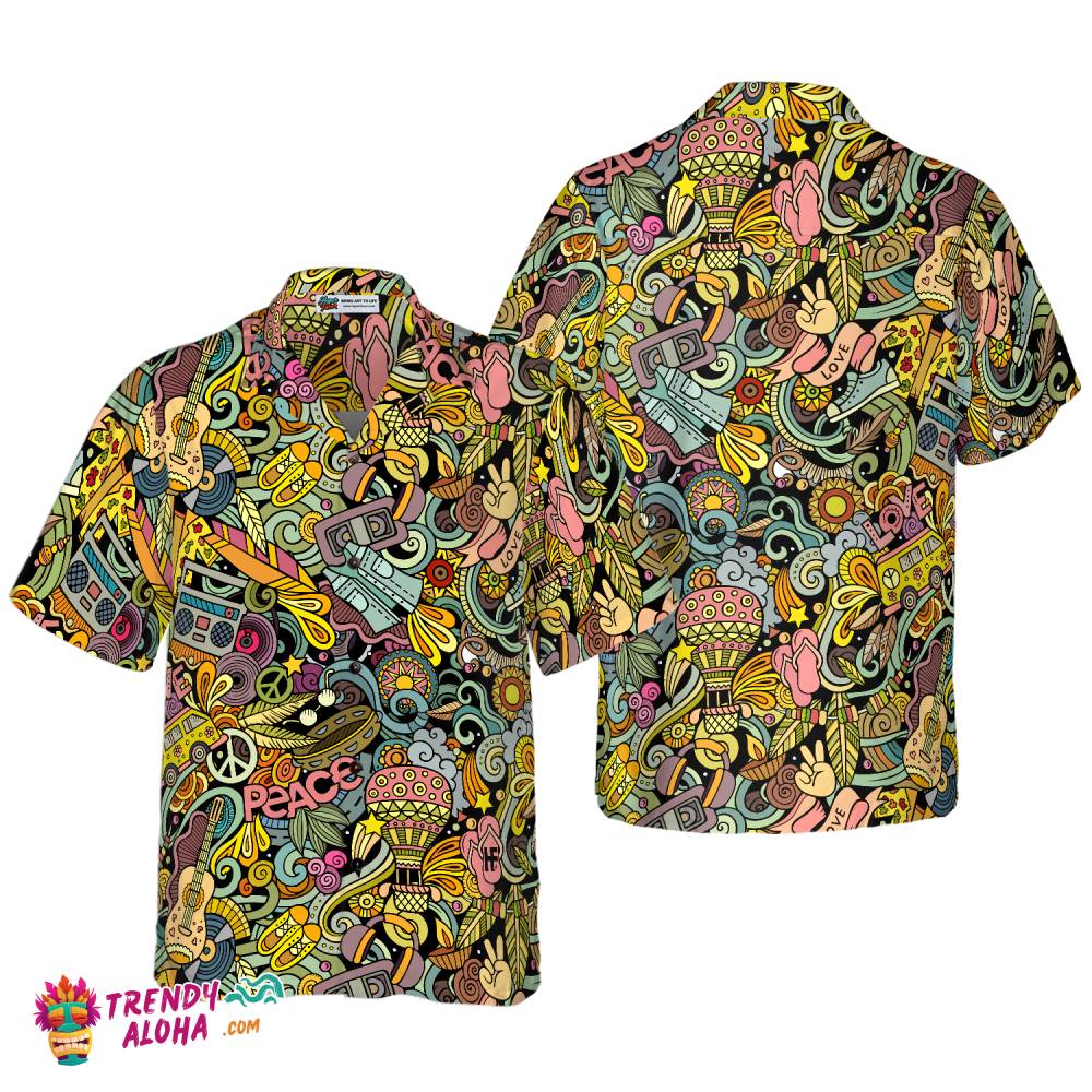 Hippie Style Doodles Illustration Hawaiian Shirt Hippie Style Doodles Illustration Hawaiian Shirt