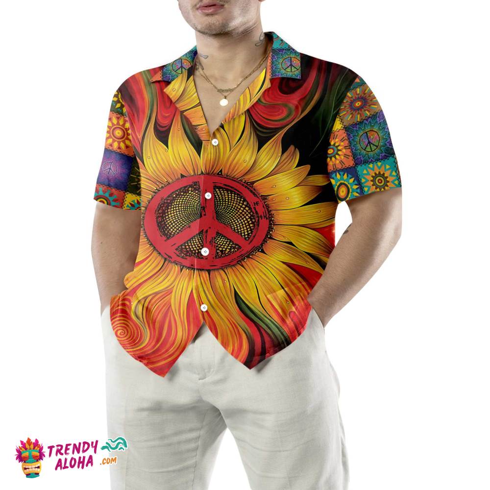 Hippie Sunflower Peace Hawaiian Shirt, Hippie Peace Sign Shirt, Best Hippie Gift