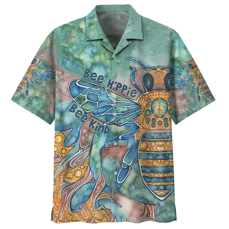 Hippie Trendy Hawaiian Shirt Bee Hippie Bee Kind Blue Hawaii Aloha Shirt