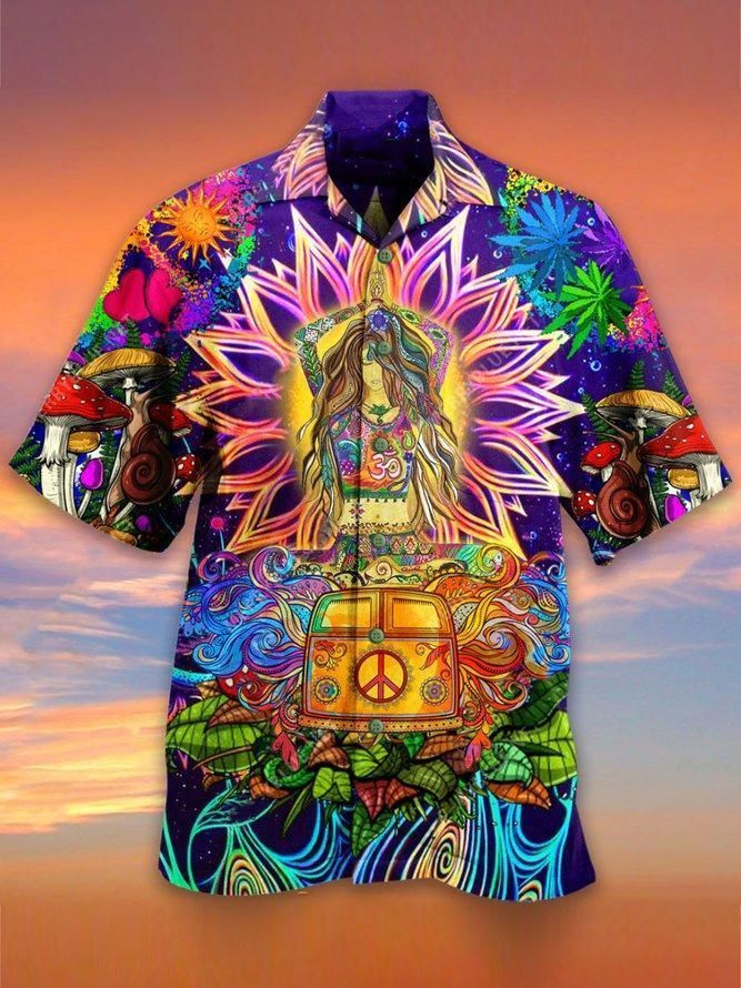Hippie Trendy Hawaiian Shirt Girl Mediating Hippie Van Mushroom Blue Hawaii Aloha Shirt