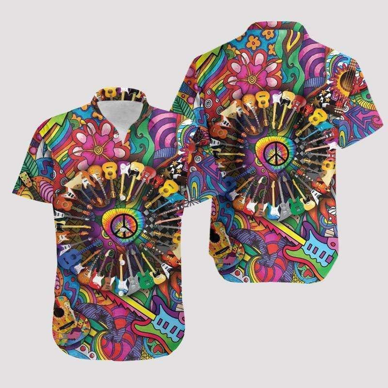 Hippie Trendy Hawaiian Shirt Guitars Circle Flowers Pattern Colorful Hawaii Aloha Shirt