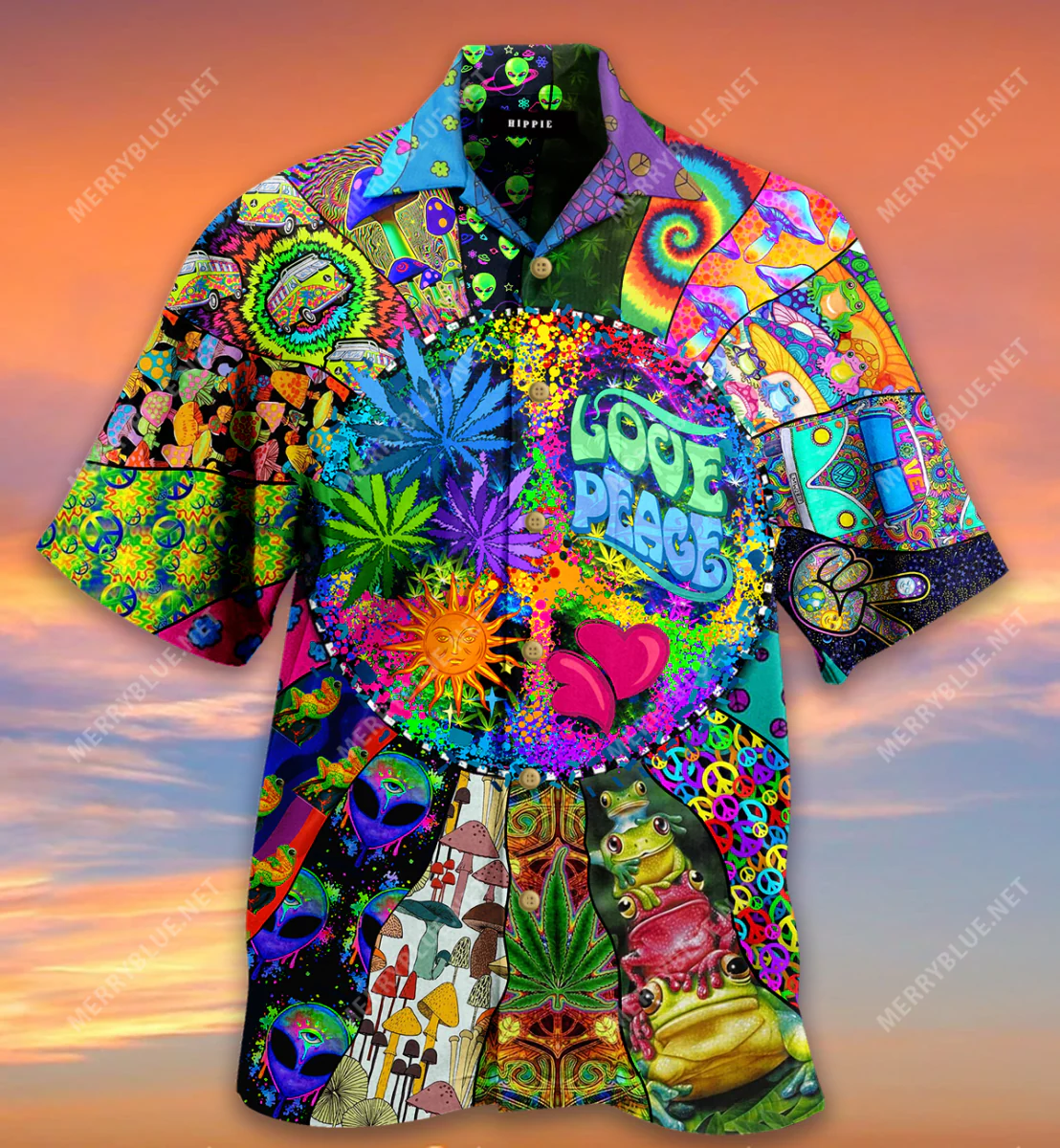 Hippie Trendy Hawaiian Shirt Love Peace Hippie Mushroom Alien Symbols Hawaii Aloha Shirt