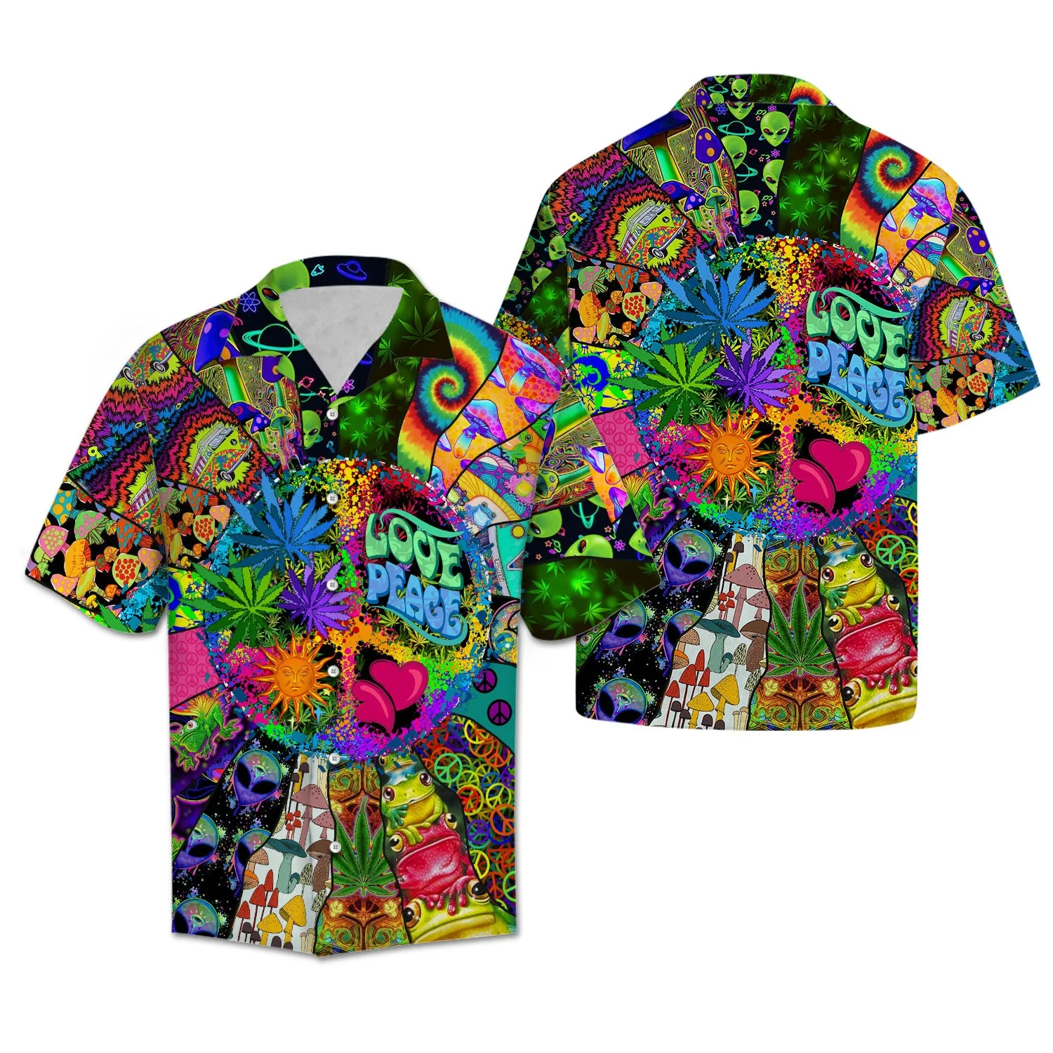 Hippie Trendy Hawaiian Shirt Love Peace Hippie Mushroom Alien Symbols Hawaii Aloha Shirt
