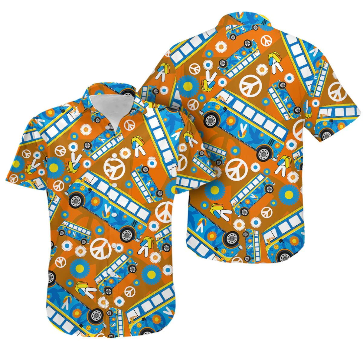 Hippie Trendy Hawaiian Shirt Peace Sign Finger Hand Hippie Van Pattern Orange Hawaii Aloha Shirt